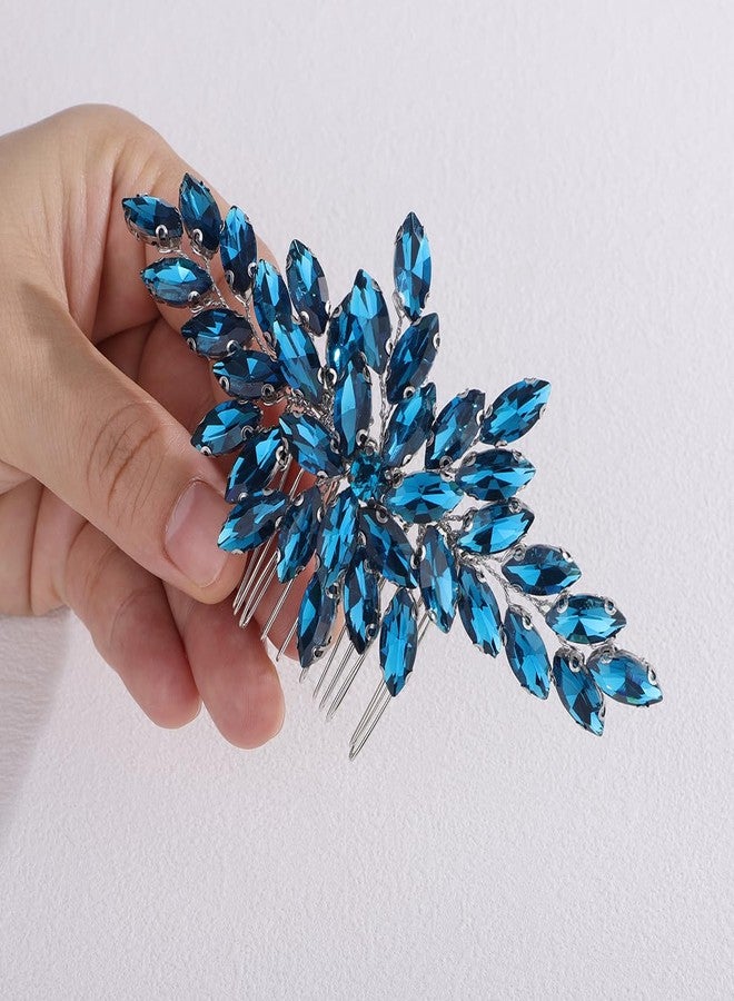 Xerling Colored Floral Rhinestone Bridal Hair Side Comb Women Brides Wedding Handmade Hair Accessories Jewelry Headpiece (Peacock Blue) - Image 4